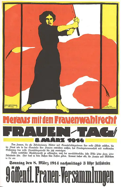 Manifesto del Frauentag 1914 – Giornata della Donna, con la scritta Heraus mit dem Frauenwahlrecht (Fuori con il suffragio femminile)
